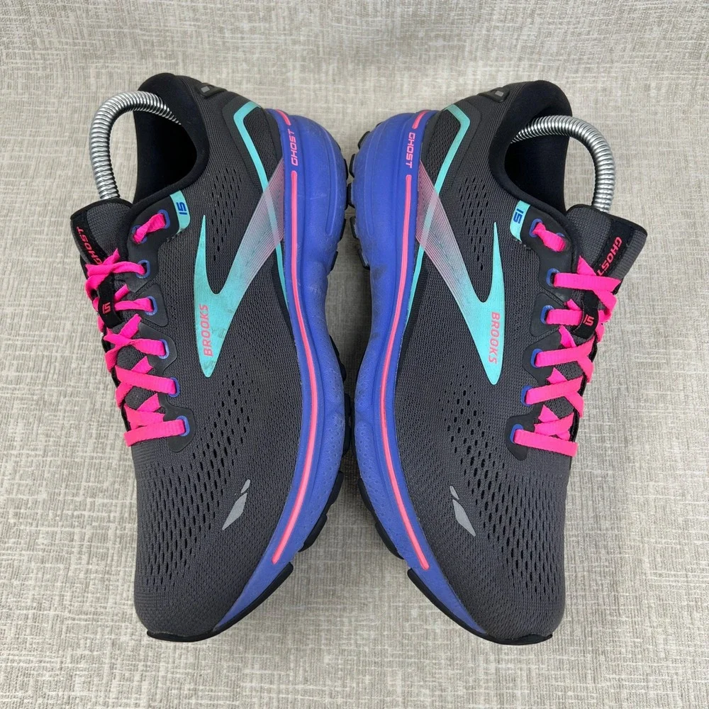 Brooks Ghost 15 Running Shoes Women 9.5 Black Blue Pink Athletic Sneakers Gym